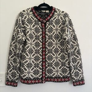 Vintage LL Bean Nordic Fair Isle Snowflake Button Up Sweater Size M Birdseye